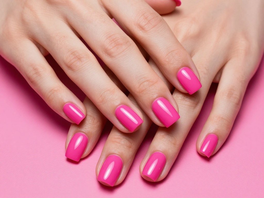 short nails with vibrant hot pink polish
