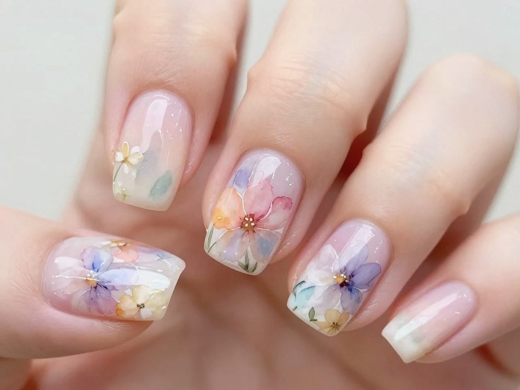 short nails with watercolor floral nail art