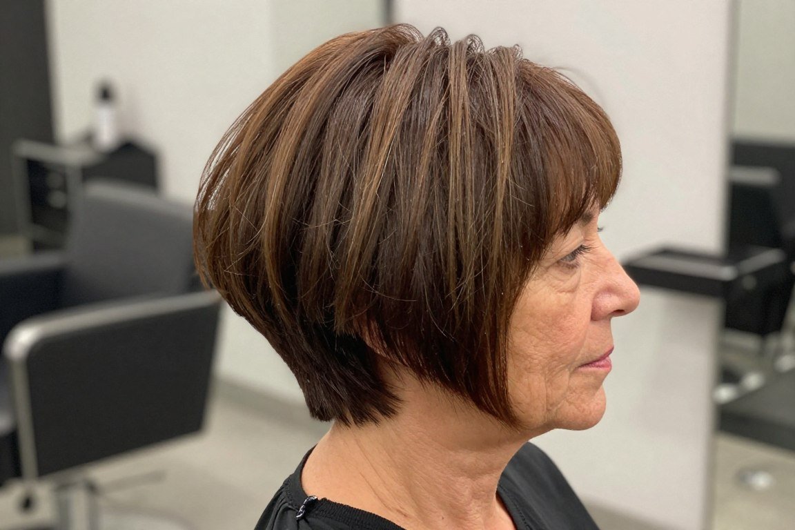 side view of woman over 60 with choppy inverted bob