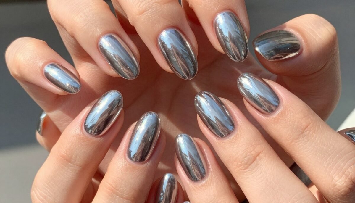 silver chrome nail polish with mirror-like finish silver chrome nail polish with mirror-like finish