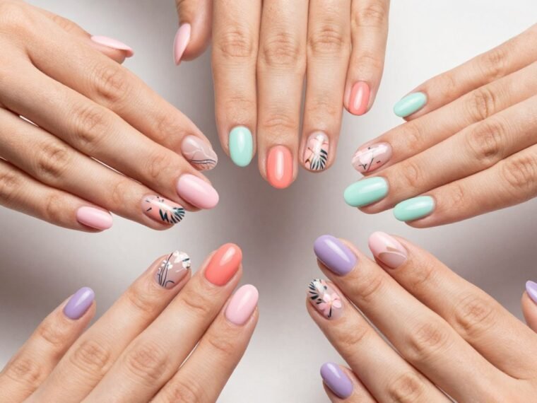 simple short summer nail designs featuring pastel colors and floral patterns