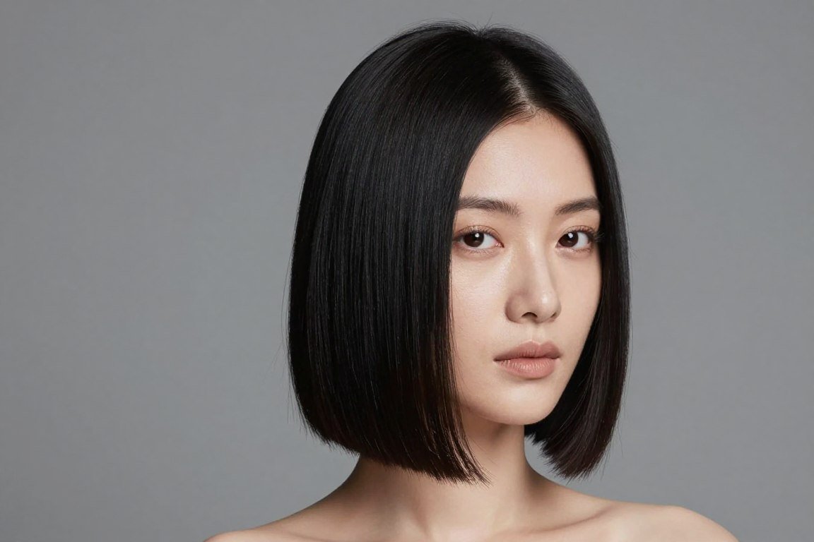 sleek straight bob with center part for round face