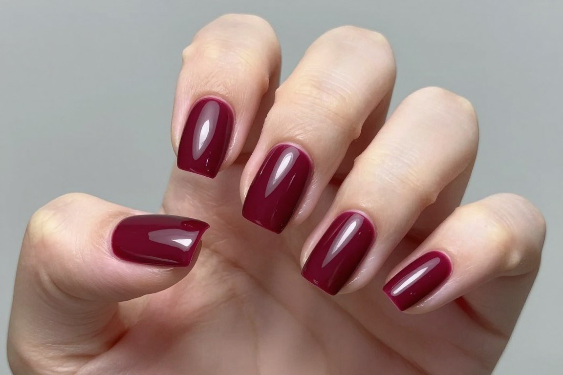 square-shaped burgundy manicure