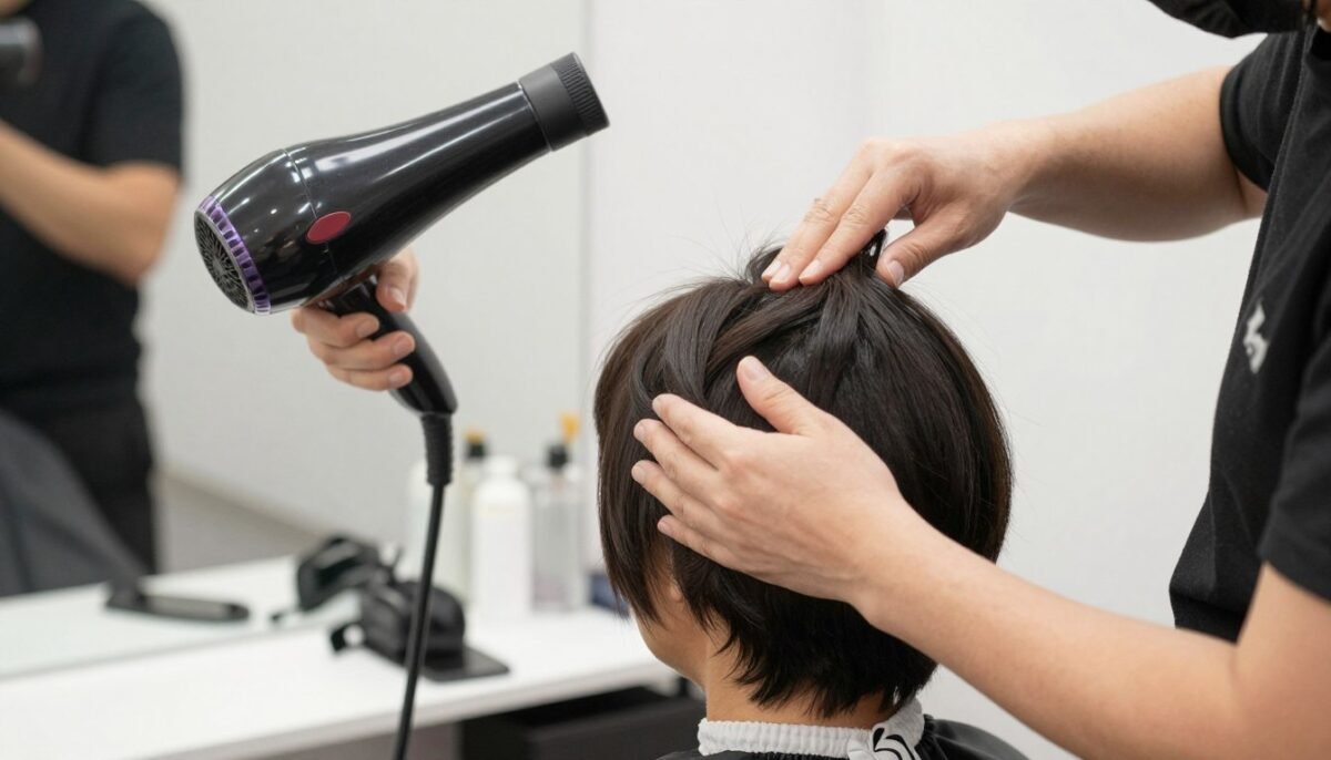 stylist demonstrating choppy bob blow-drying technique stylist demonstrating choppy bob blow-drying technique