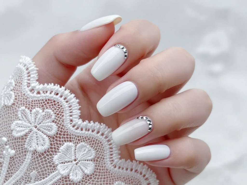 white wedding nails with crystal embellishments