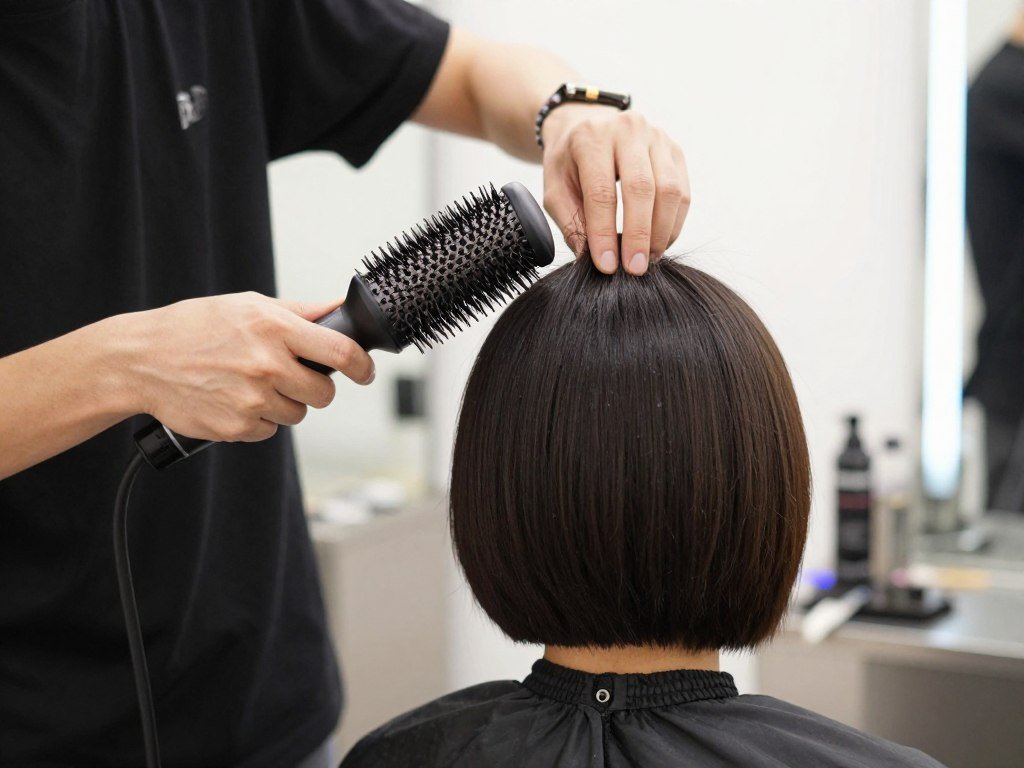 woman blow-drying bob hairstyle with round brush for volume