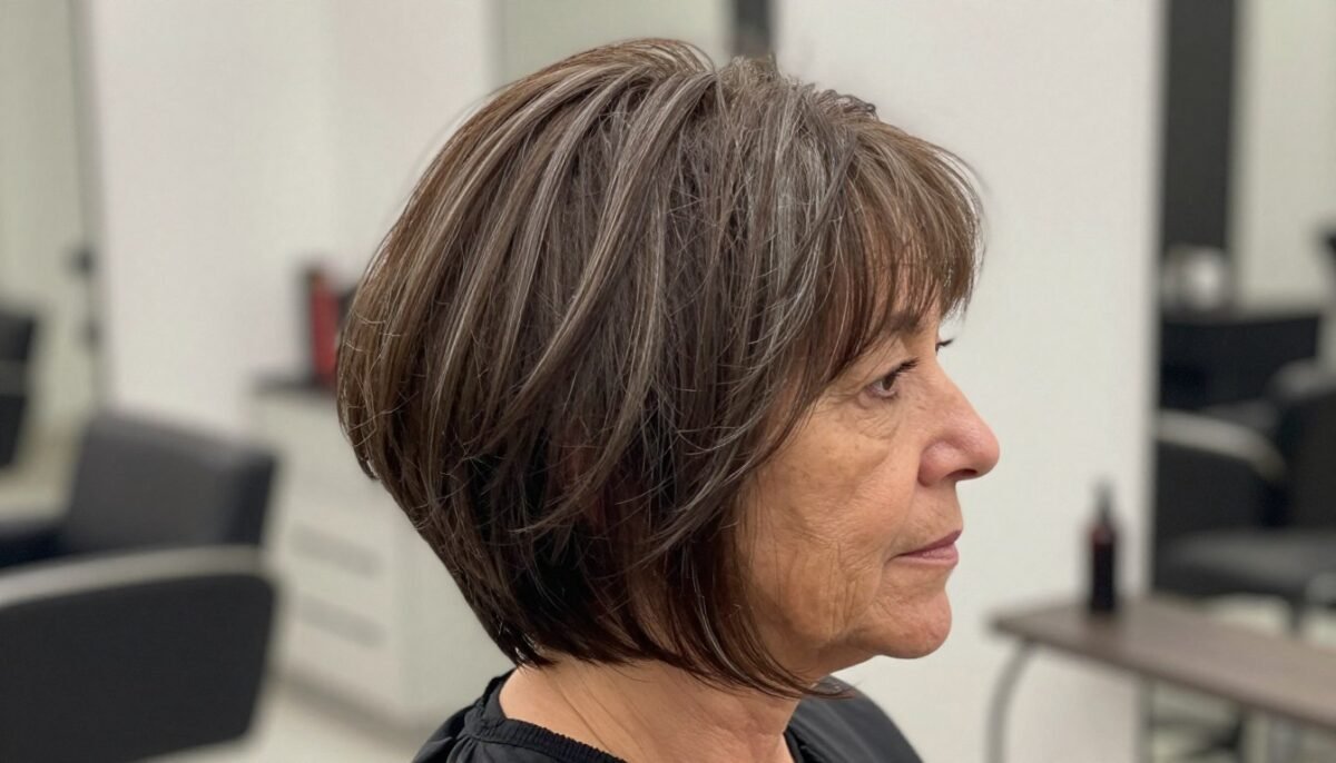 woman over 60 showing choppy layered bob with lifted crown volume woman over 60 showing choppy layered bob with lifted crown volume