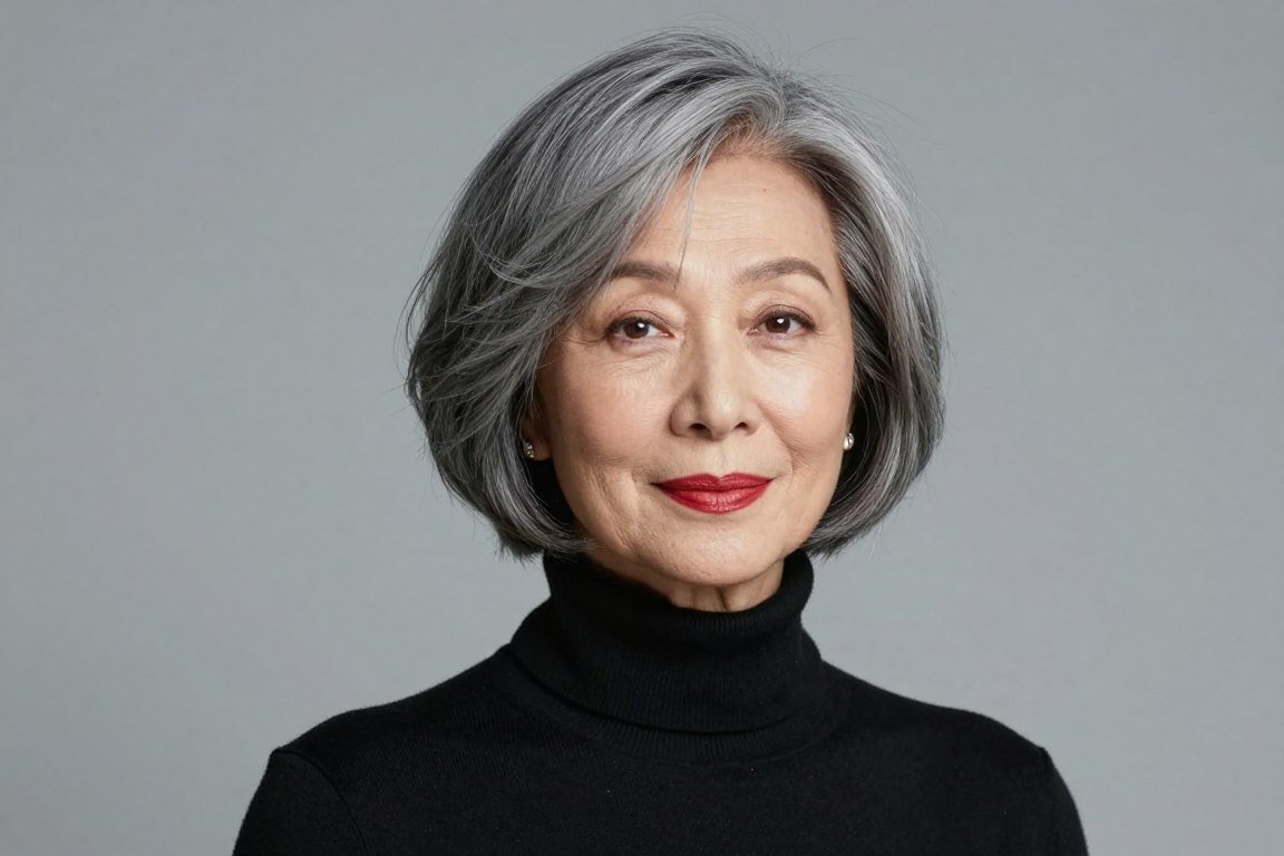woman over 60 with choppy French bob hairstyle