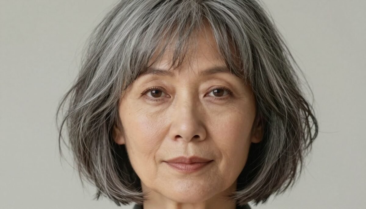 woman over 60 with choppy bob and curtain bangs framing face woman over 60 with choppy bob and curtain bangs framing face