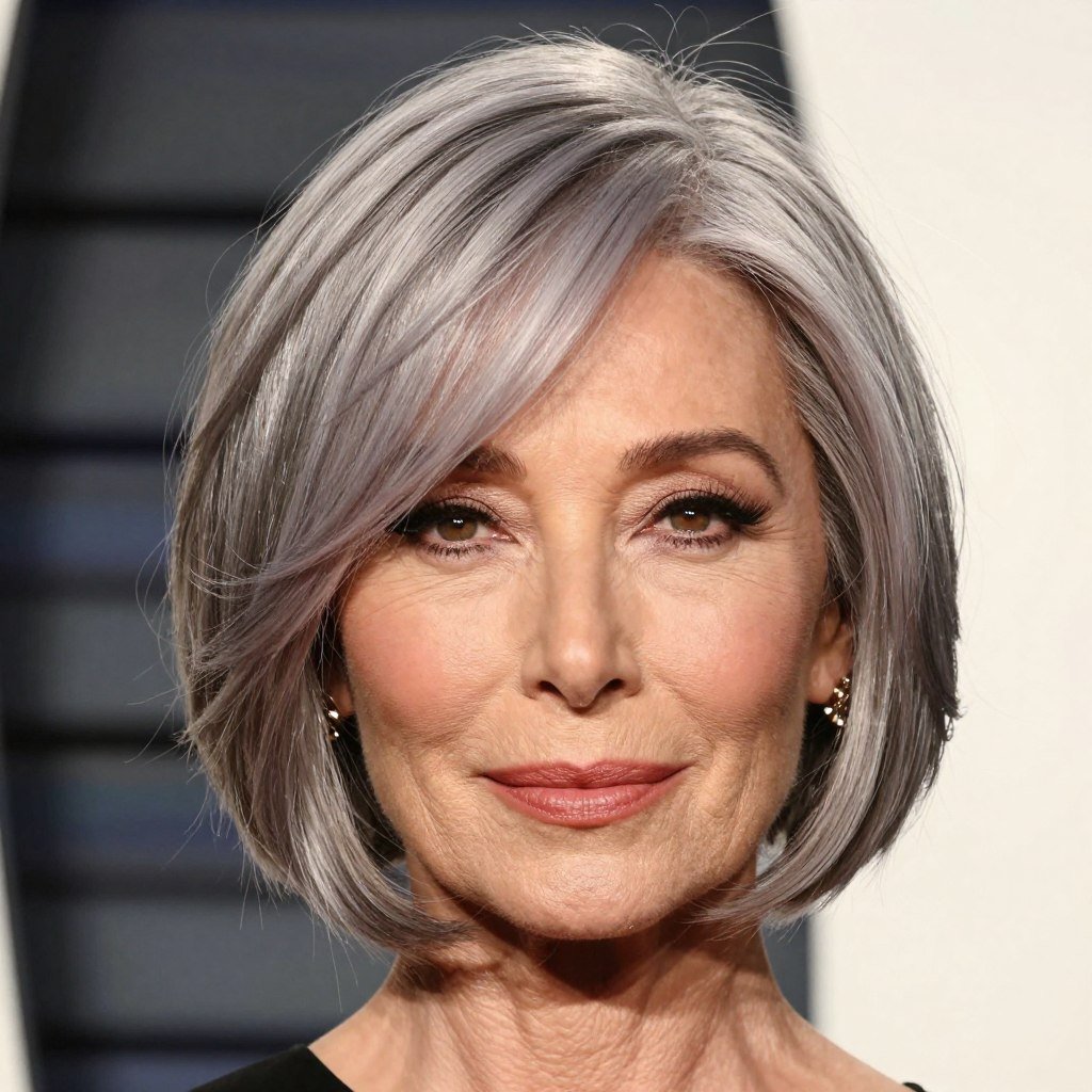 woman over 60 with choppy bob and dramatic deep side fringe