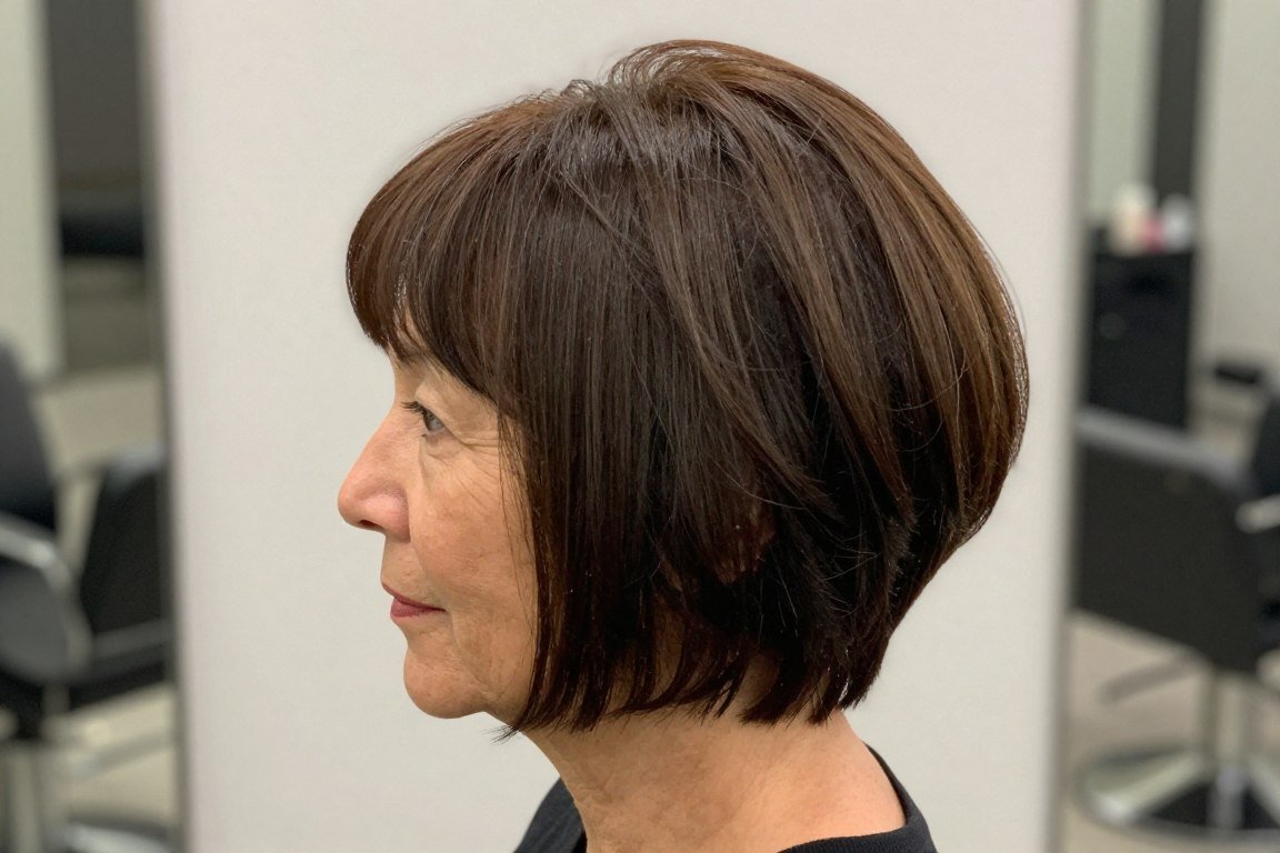 woman over 60 with choppy bob featuring blunt ends and layered top