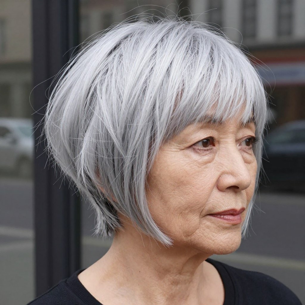 woman over 60 with choppy bob showing piecey textured styling