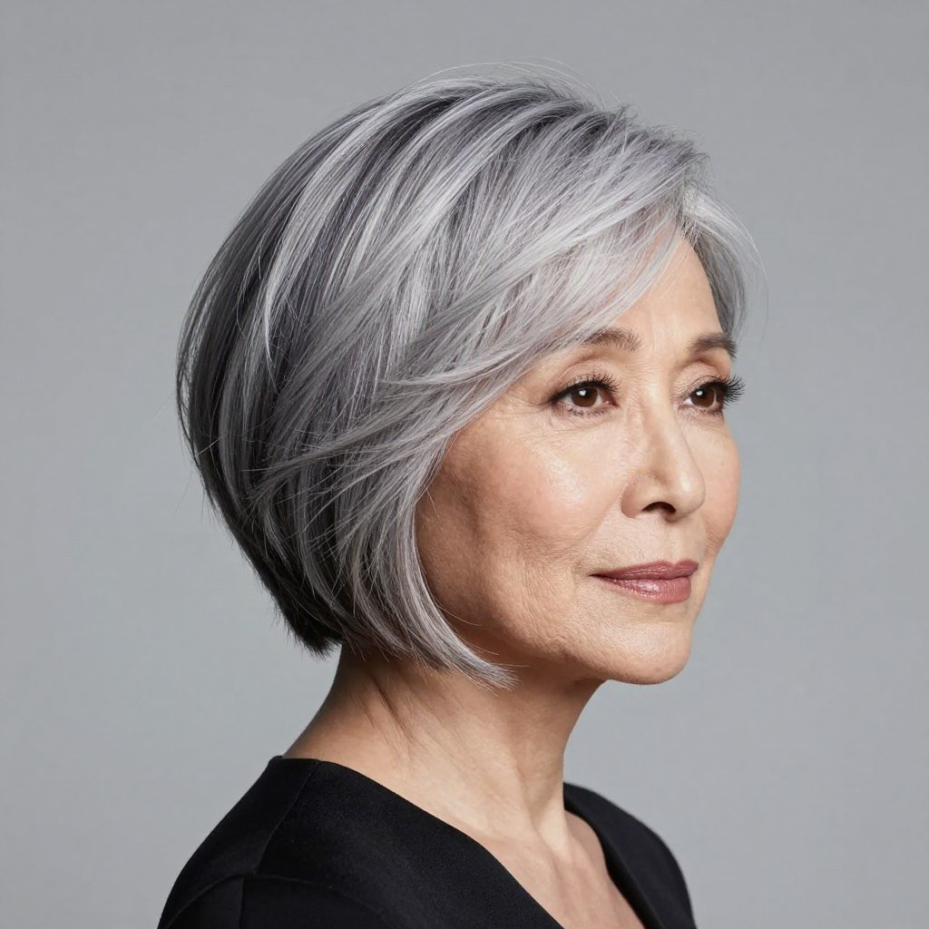 woman over 60 with choppy bob styled with side swept layers