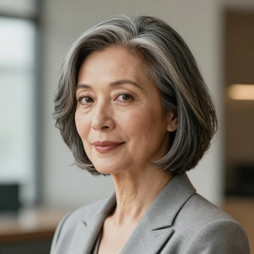 woman over 60 with classic chin-length choppy bob and side part