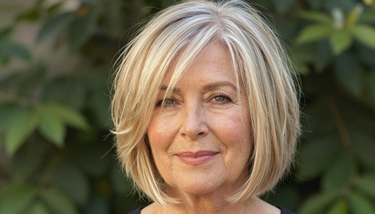 woman over 60 with layered choppy bob featuring dimensional highlights woman over 60 with layered choppy bob featuring dimensional highlights