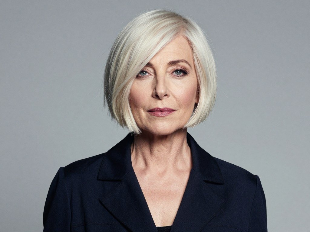 woman over 60 with modern asymmetrical choppy bob haircut