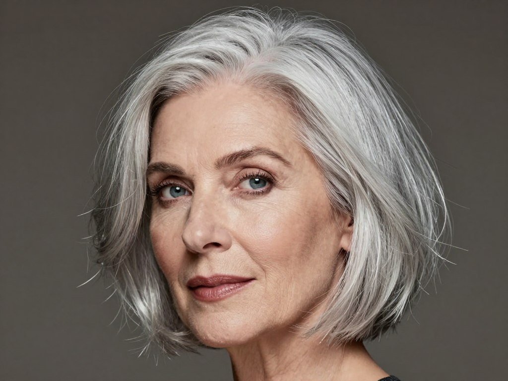woman over 60 with naturally gray choppy bob showing silver texture