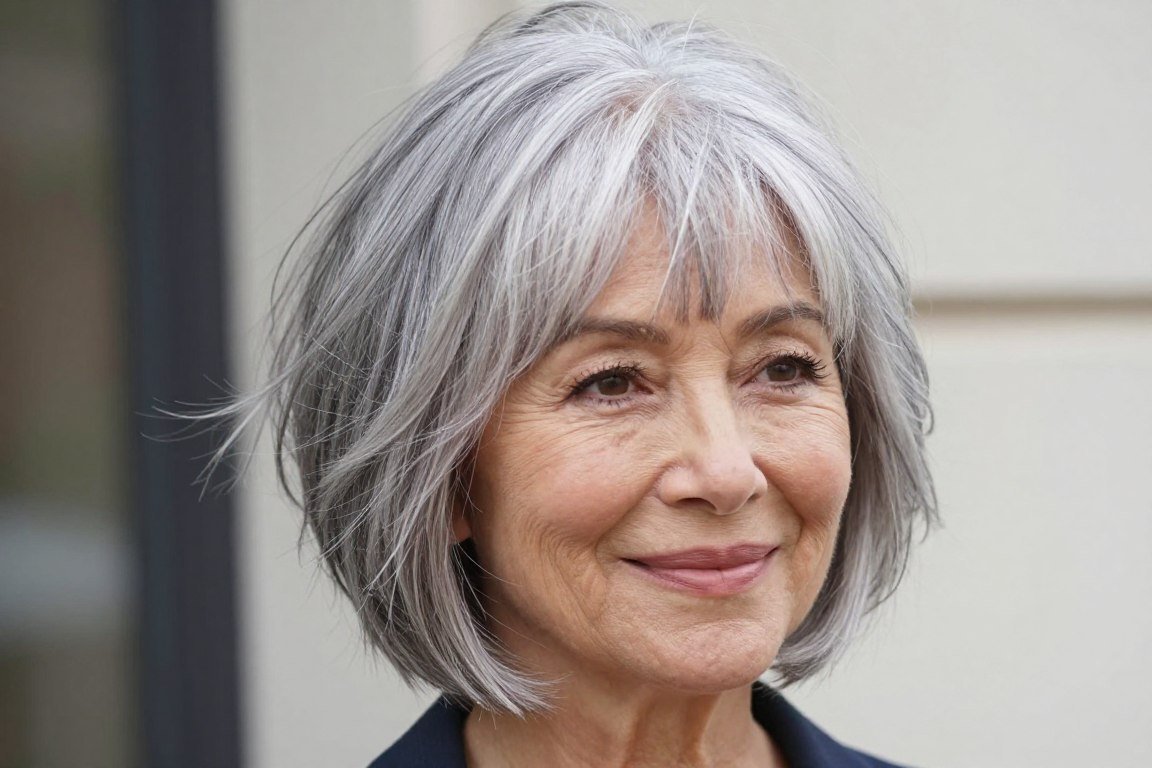 woman over 60 with textured choppy bob and wispy bangs