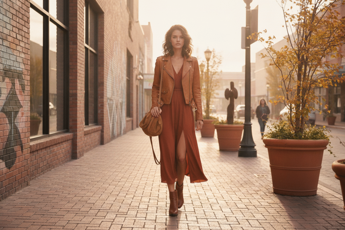 Fall Vegas midi dress with leather jacket Fall Vegas midi dress with leather jacket