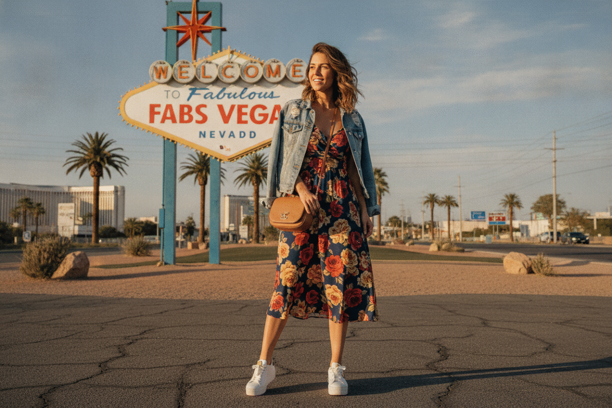 Spring daytime Vegas outfit with floral dress Spring daytime Vegas outfit with floral dress