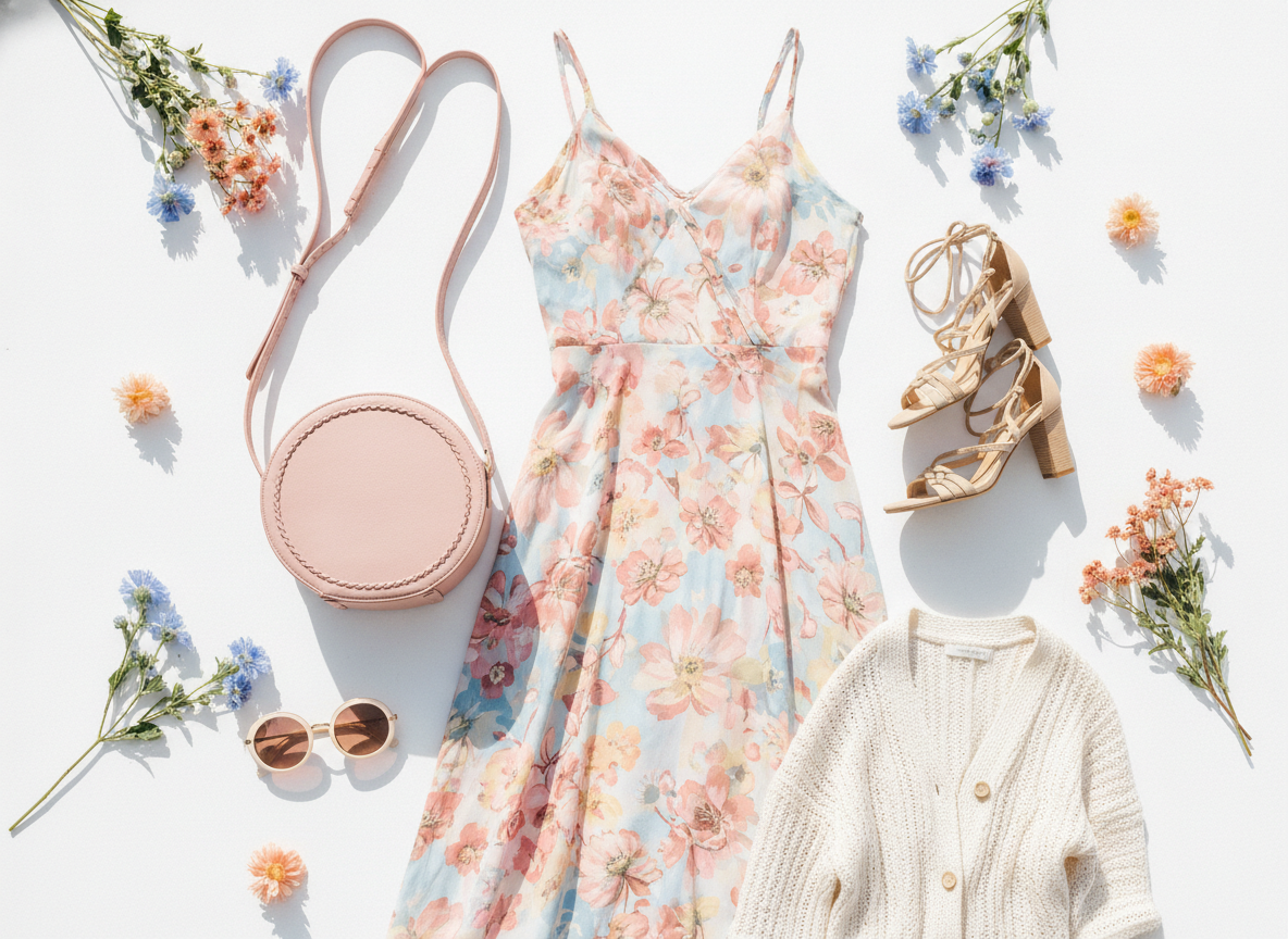 Spring fashion outfit flatlay with light dress and sandals for Las Vegas
