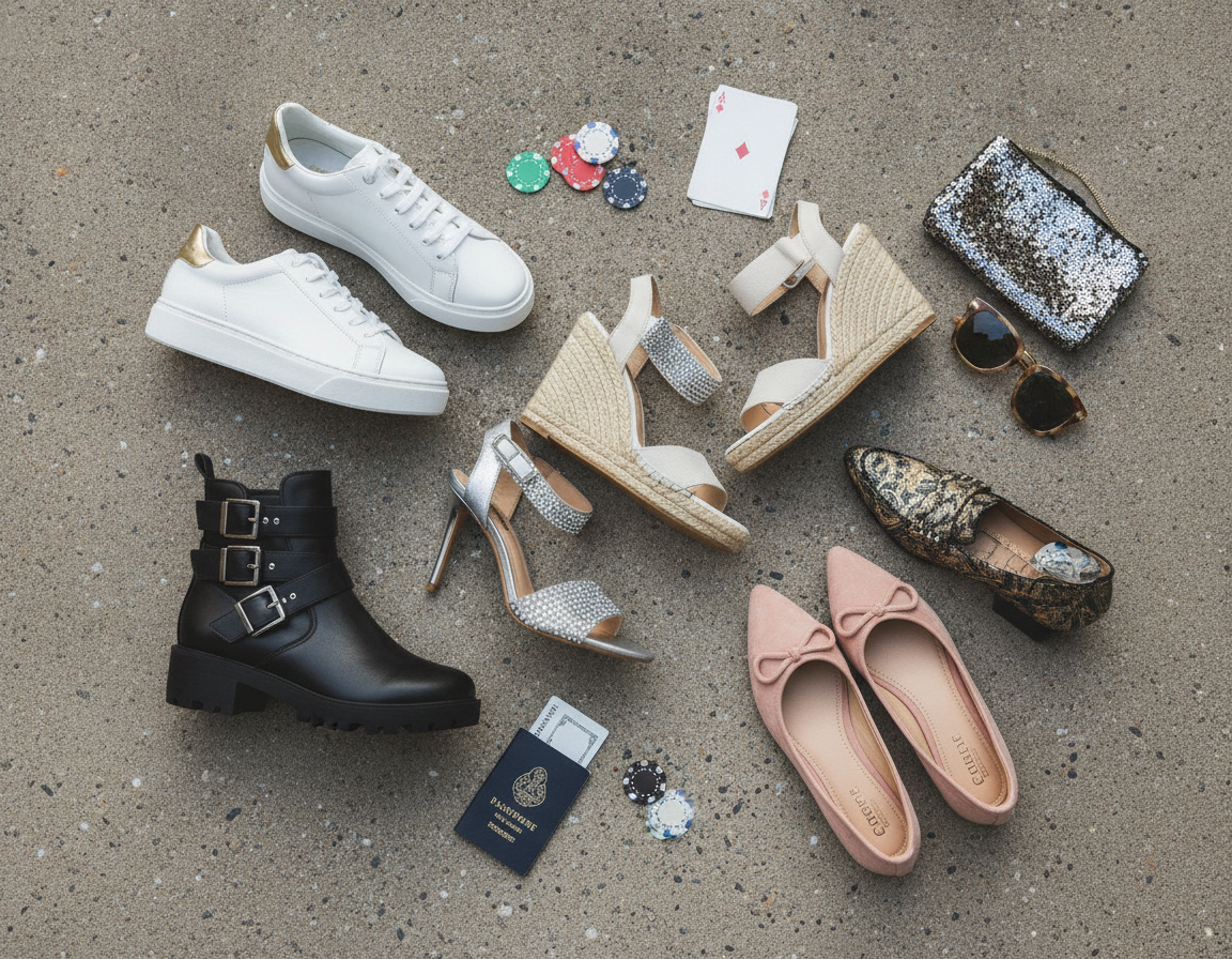 Various shoes suitable for Las Vegas arranged in flatlay