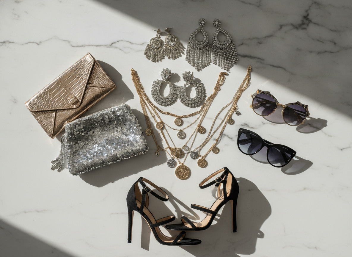 Vegas outfit accessories flatlay with jewelry and bags