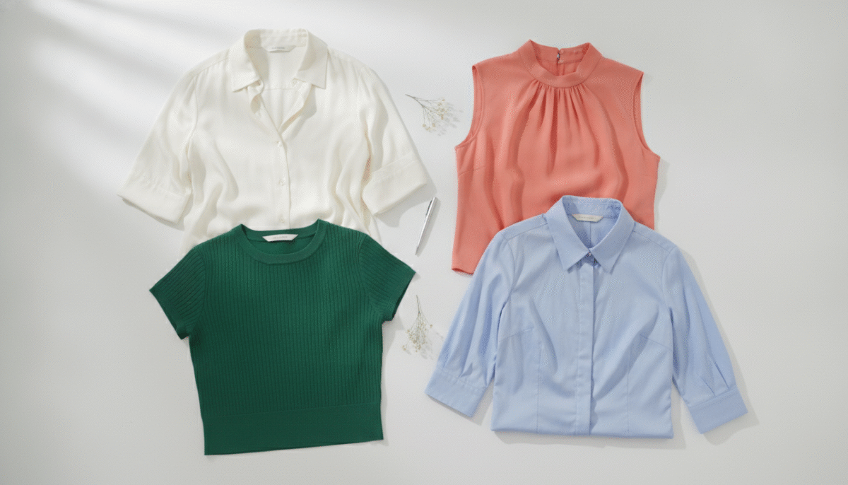 collection of professional blouses and tops in various colors and styles