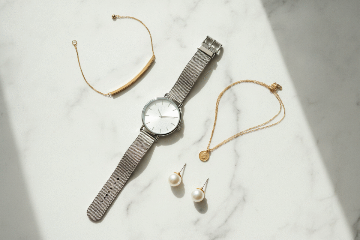professional accessories including watch, simple necklace, and elegant earrings