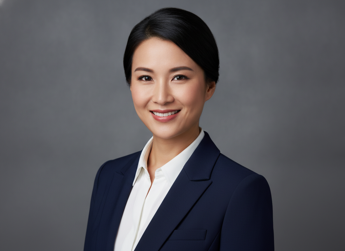 professional headshot showing a woman in a navy blazer with white blouse