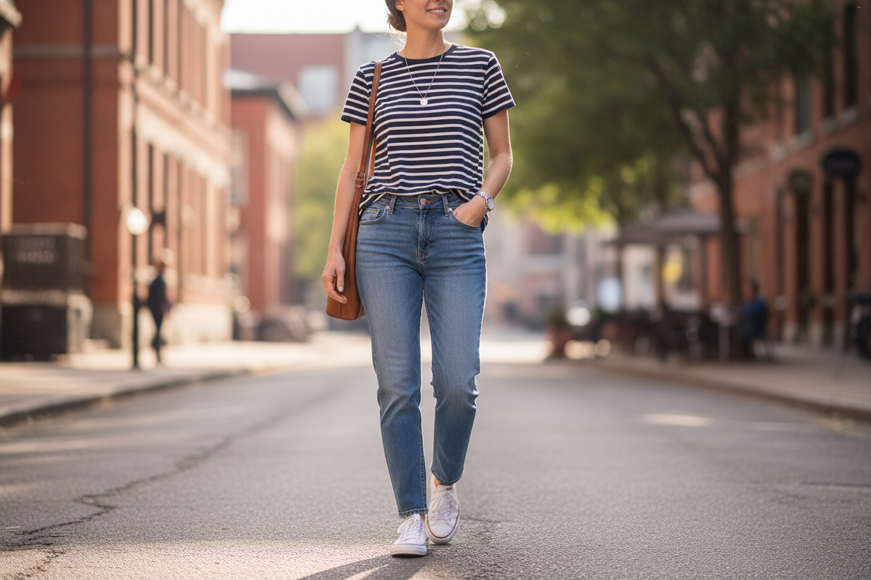 Blue jeans with striped tee and sneakers outfit