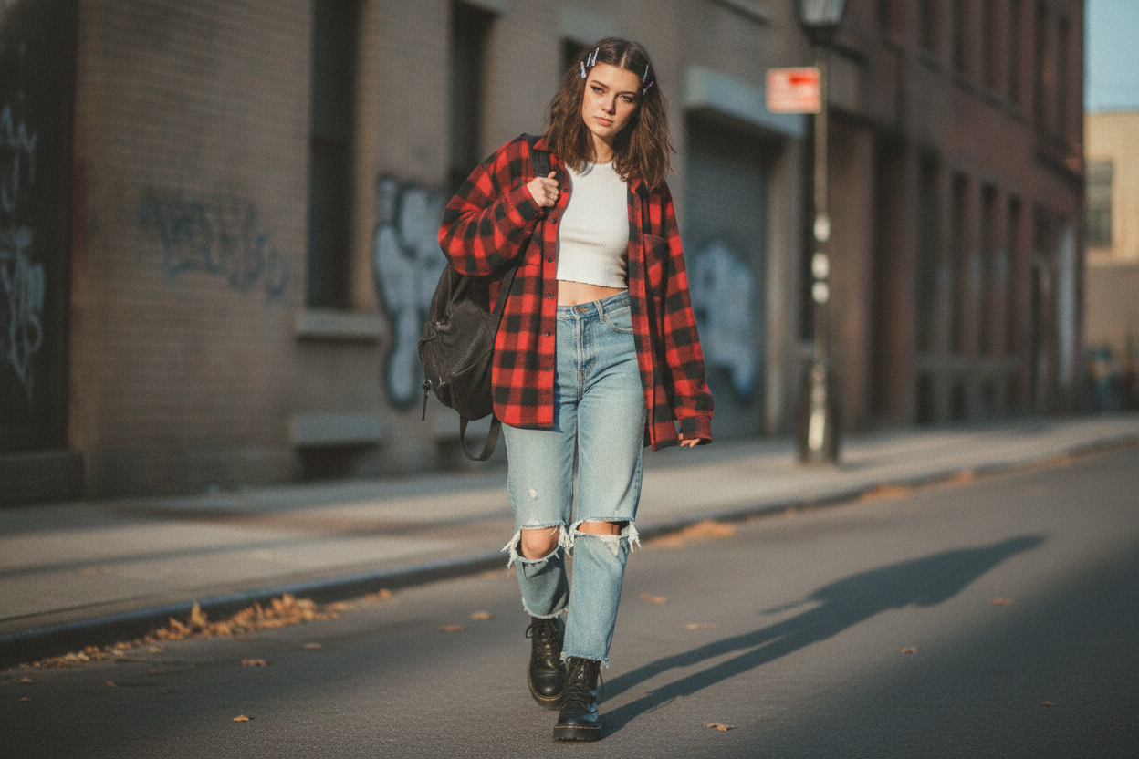 Classic flannel grunge 90s party outfit with ripped jeans