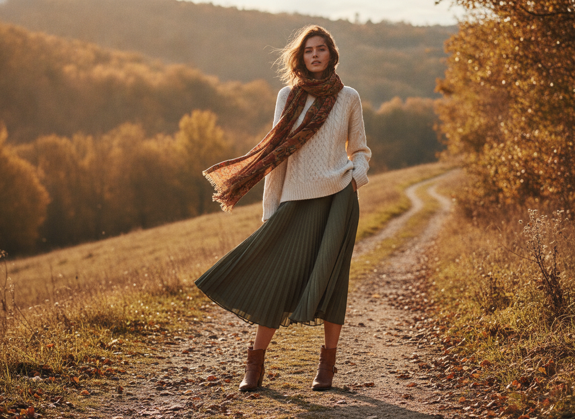 green skirt with cable sweater and ankle boots