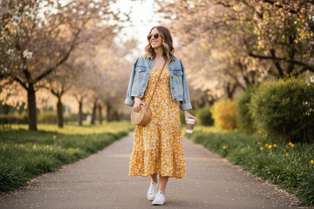 Floral sundress with denim jacket outfit