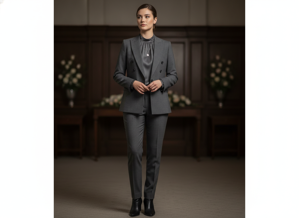 Woman wearing charcoal gray pantsuit for funeral visitation