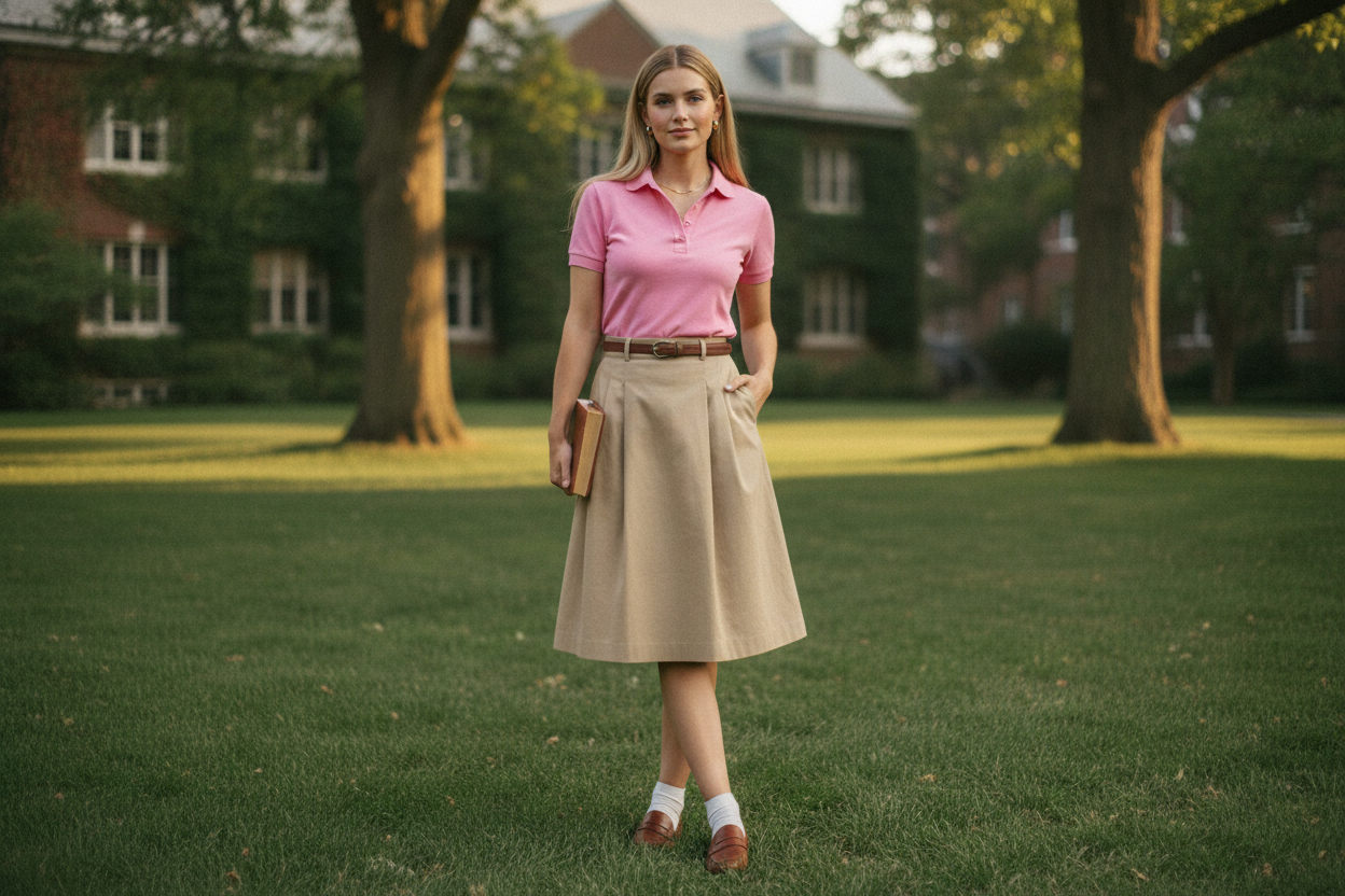 Polo shirt preppy 90s party outfit with khaki skirt
