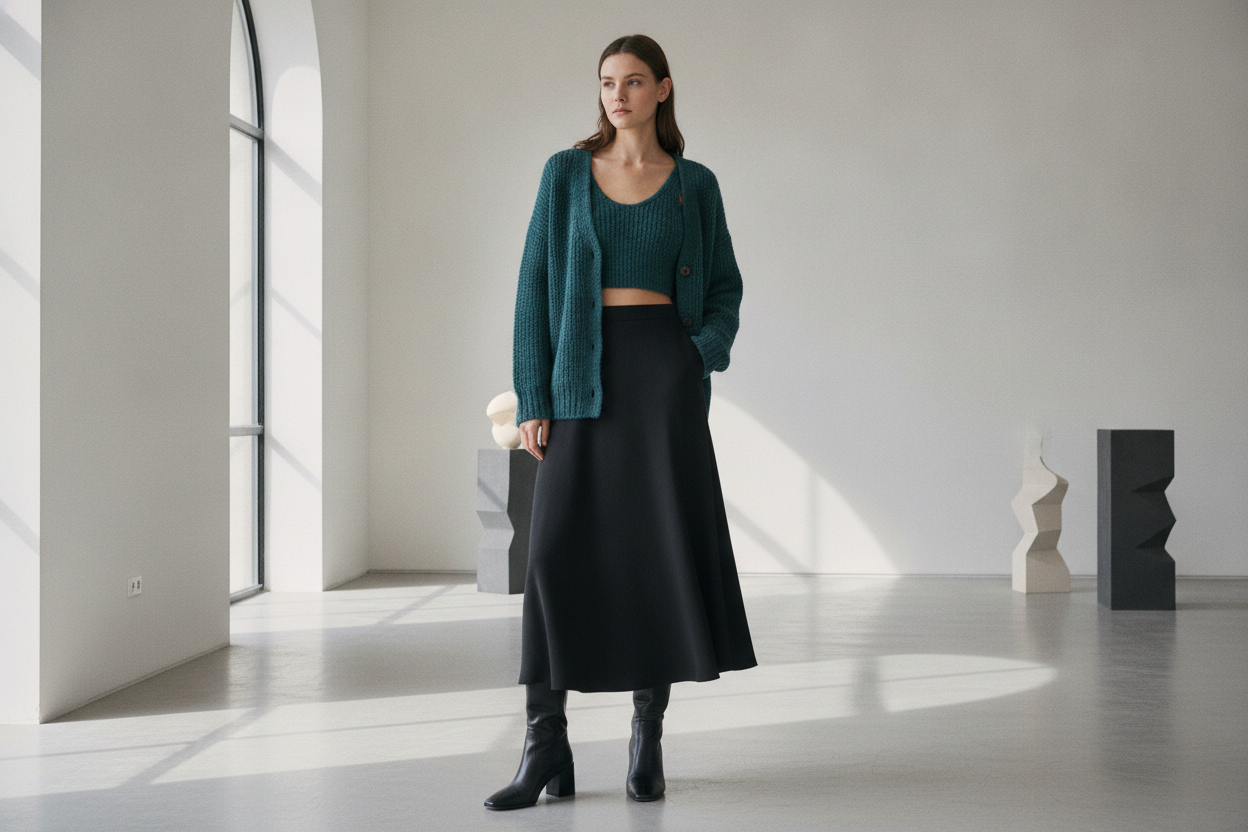 teal knit sweater set with matching cardigan and tank styled with midi skirt