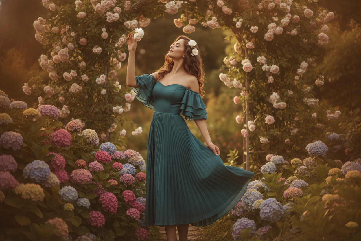 teal off-shoulder midi dress with fitted bodice for summer evening events