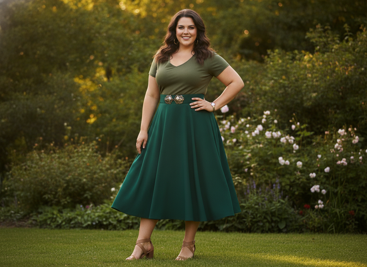 curvy woman in green A-line skirt