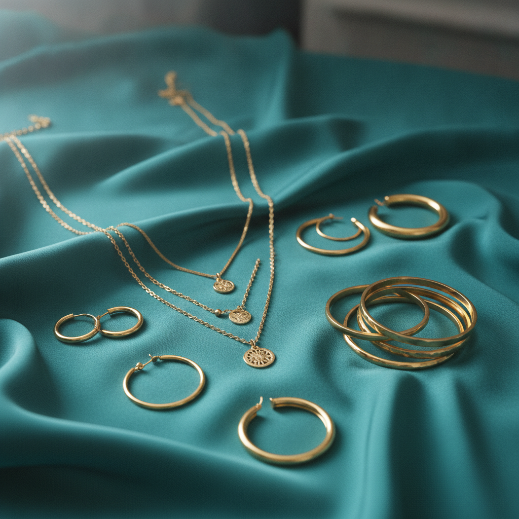 gold jewelry displayed with teal fabric background