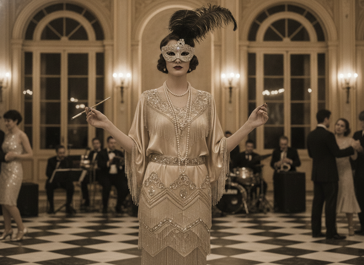 1920s flapper style masquerade dress with Art Deco details