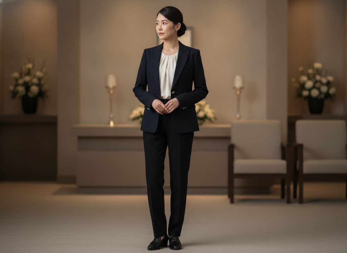 Woman wearing navy blazer with dark pants for funeral visitation