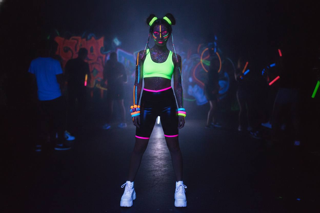 Neon crop top 90s rave party outfit with bike shorts