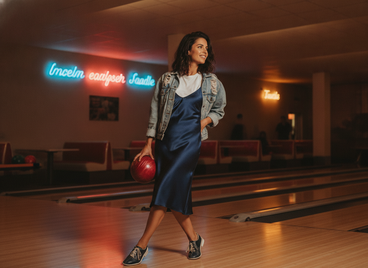 slip dress layered with denim jacket perfect for bowling outfit ideas