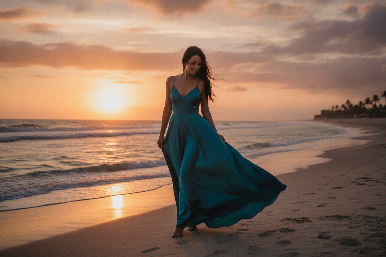 teal satin maxi dress flowing in summer breeze for elegant evening wear