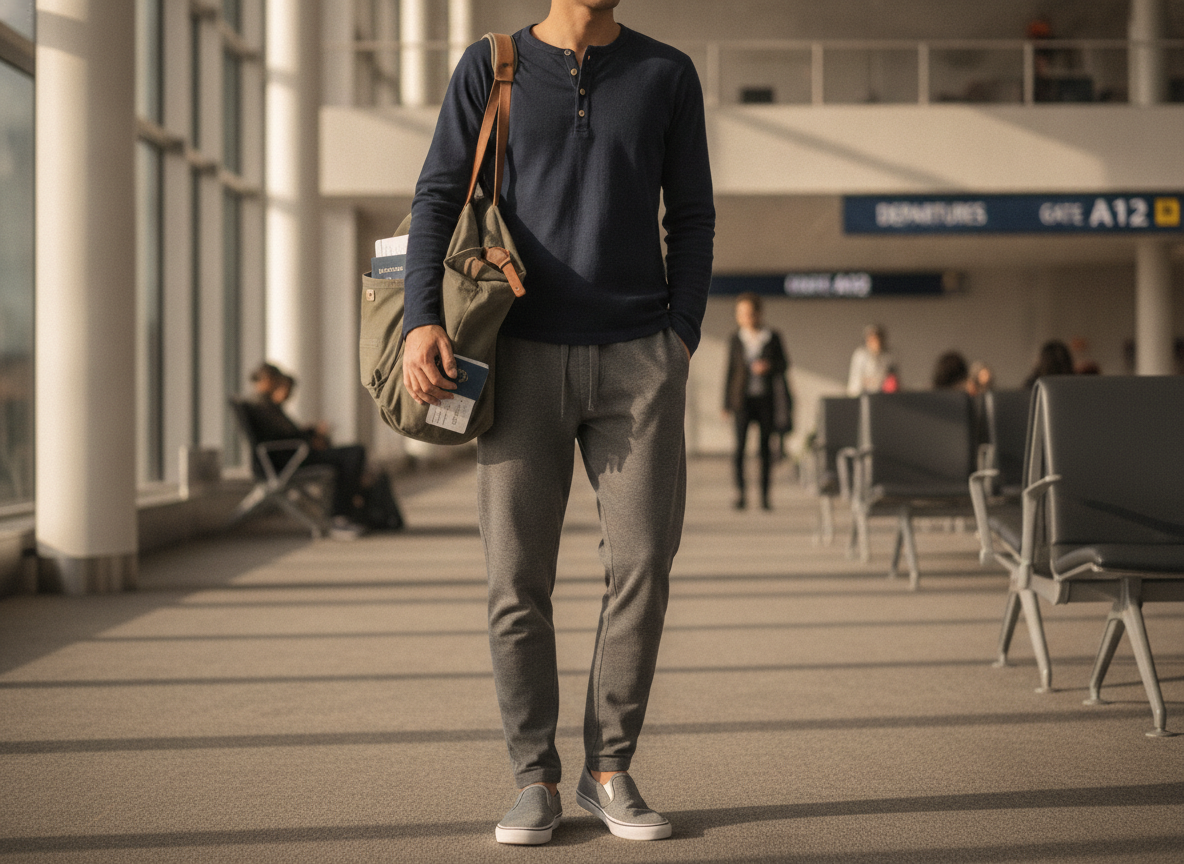 drawstring pants and henley relaxed travel outfit