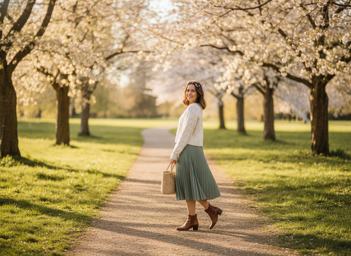 green midi skirt styled with cable sweater and brown leather boots