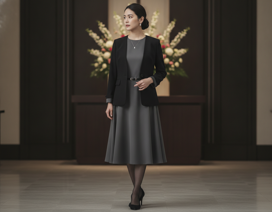 Gray and black funeral outfit showing layering details