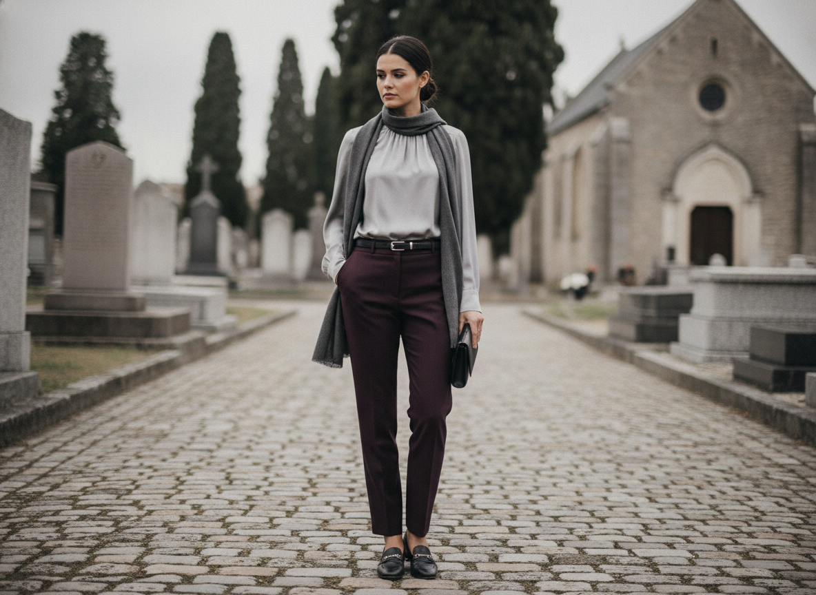 Woman wearing plum pants with gray blouse for funeral