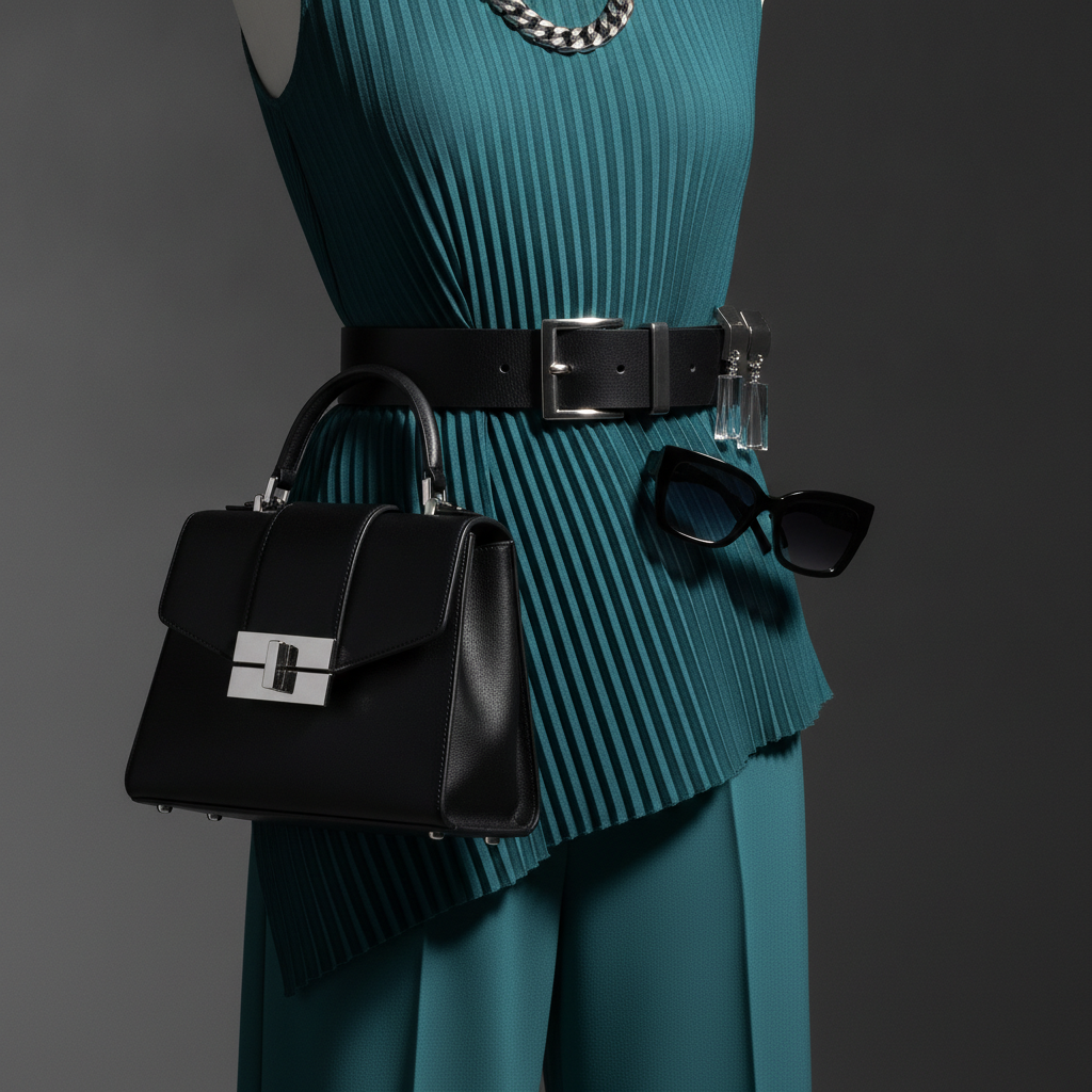 black accessories including belt bag and sunglasses with teal clothing
